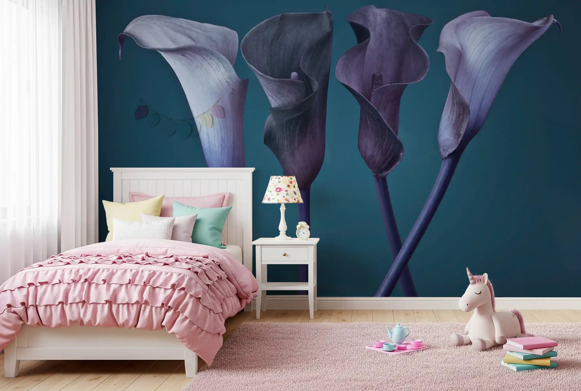 Calla lily wall mural framing a soft pink bedroom space