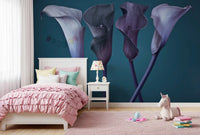 Calla lily wall mural framing a soft pink bedroom space