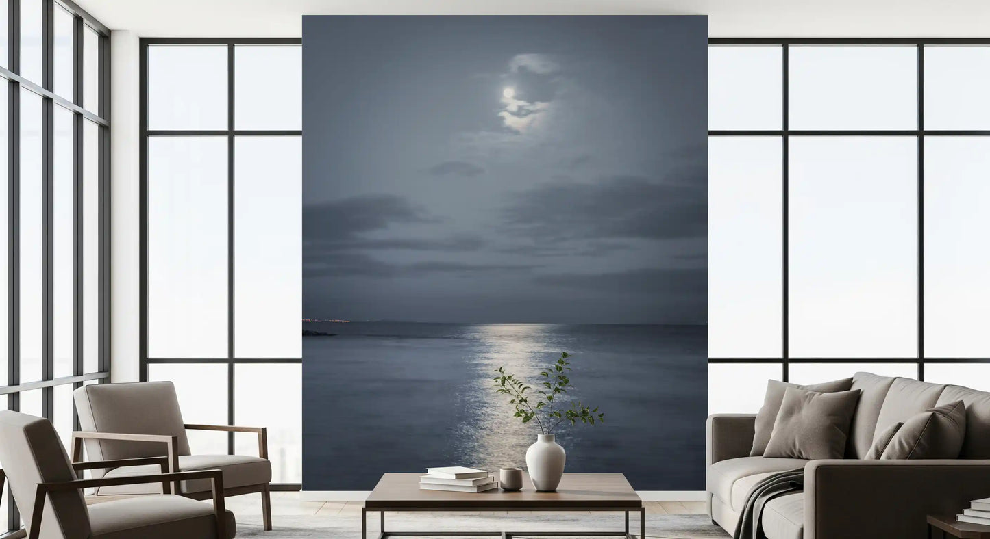 Living room featuring the calm Moonlit Ocean Serenity wall mural by the tub