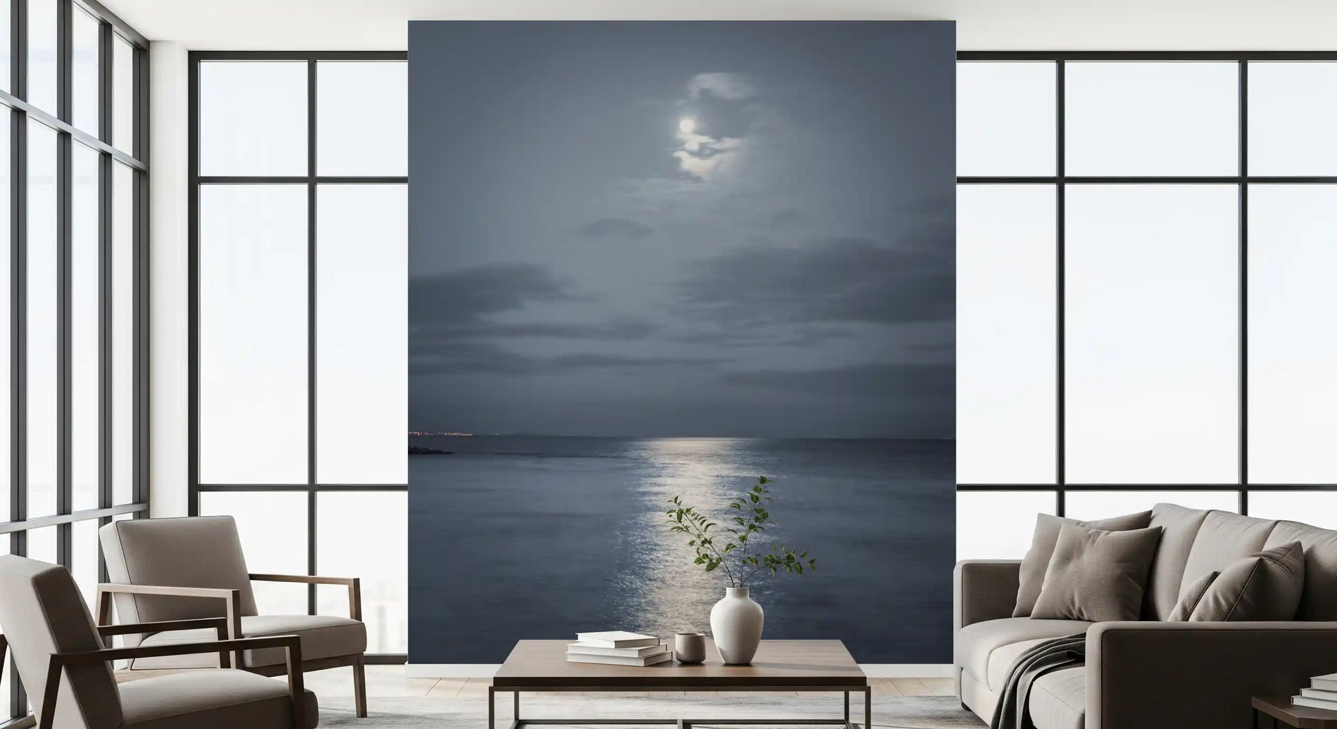 Living room featuring the calm Moonlit Ocean Serenity wall mural by the tub