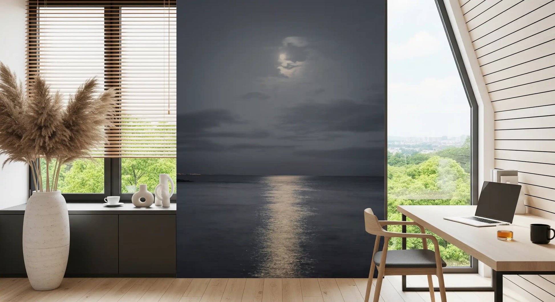Glowing moon hangs over calm water in the Moonlit Ocean Serenity wall mural