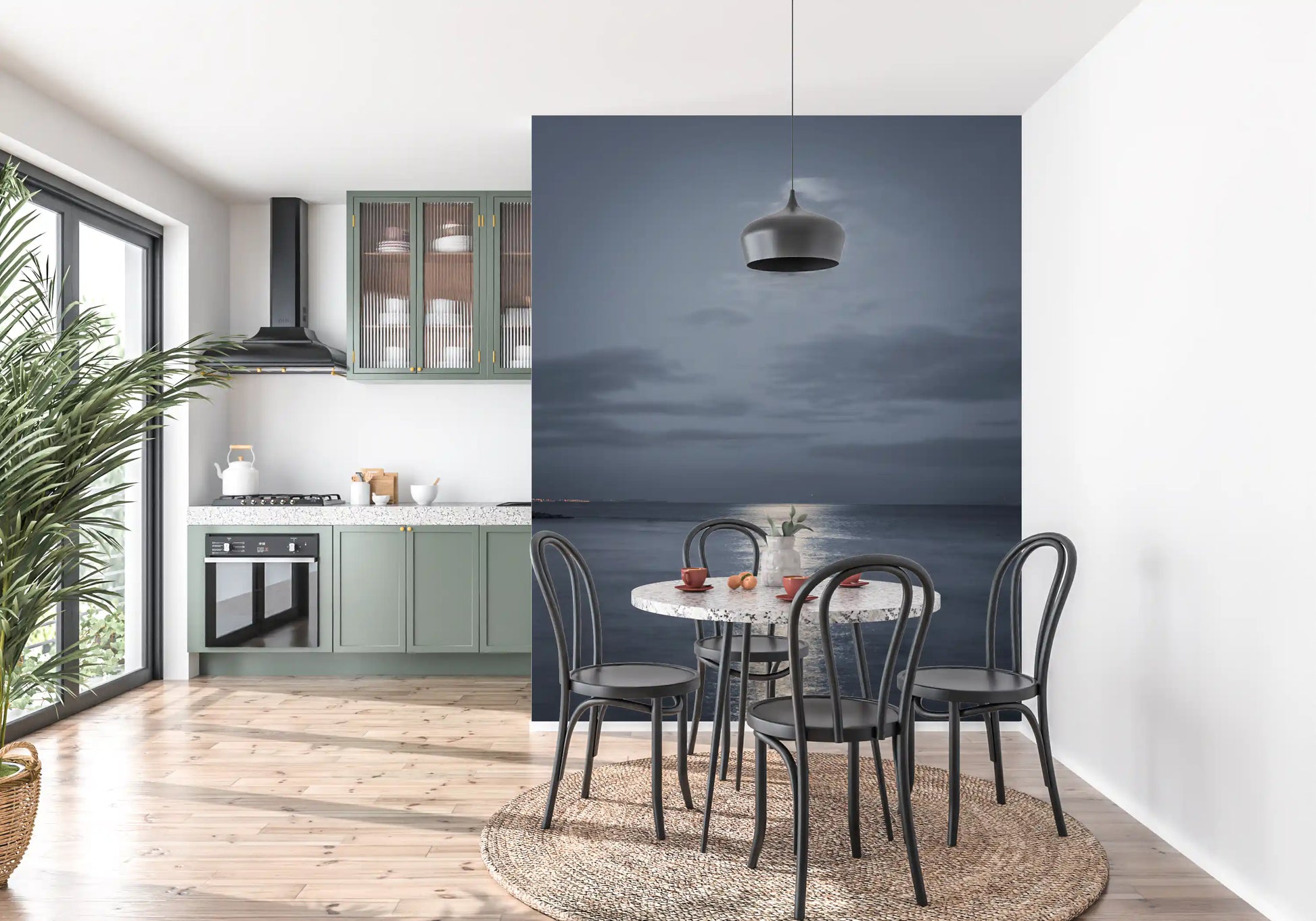 Dining room with the moonlit seascape wall mural along the back