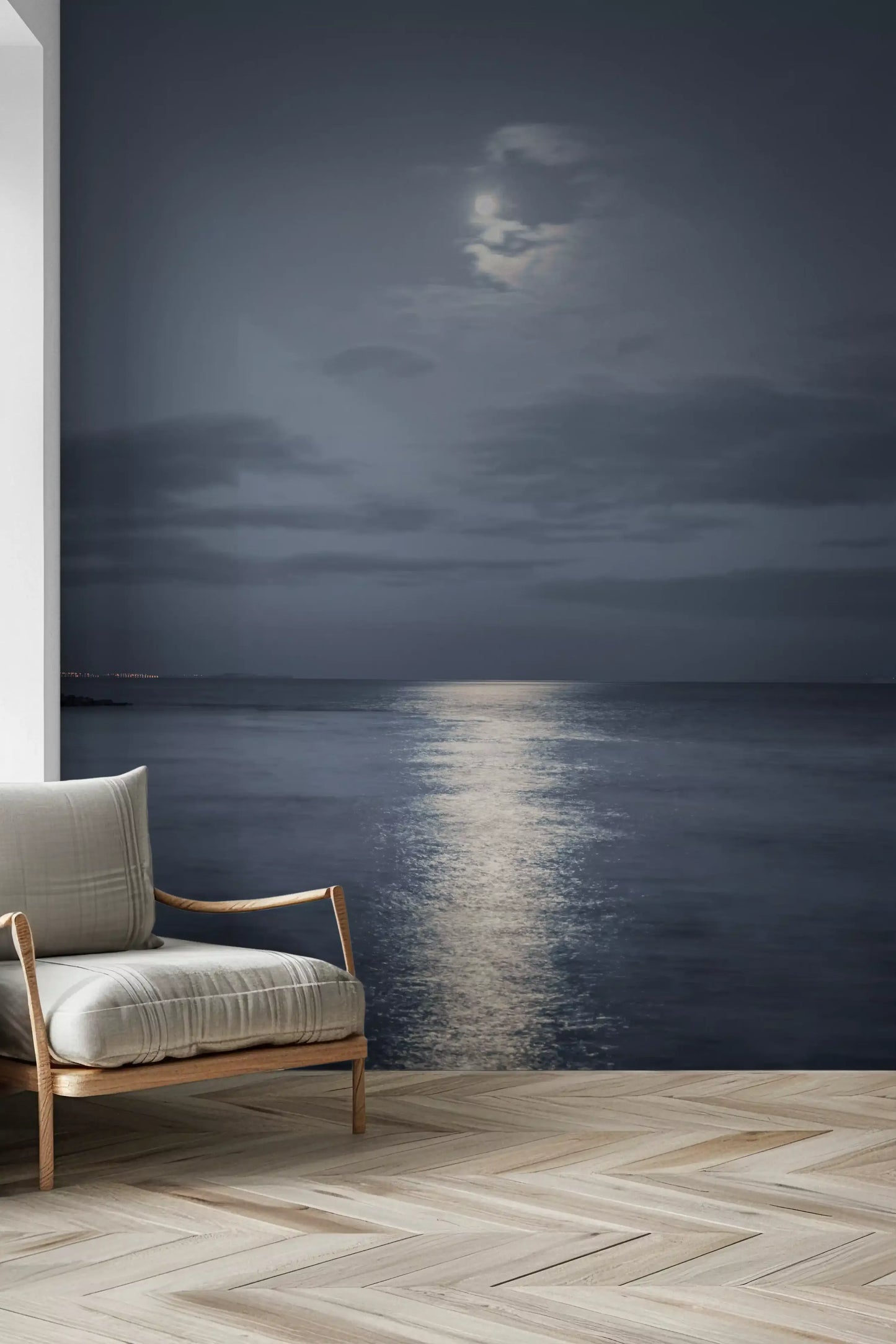 Distant shoreline edges the Serenity seascape wall mural