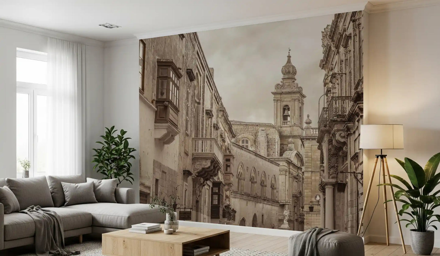 Aged stone facades line the Echoes of Stone and Spire wall mural