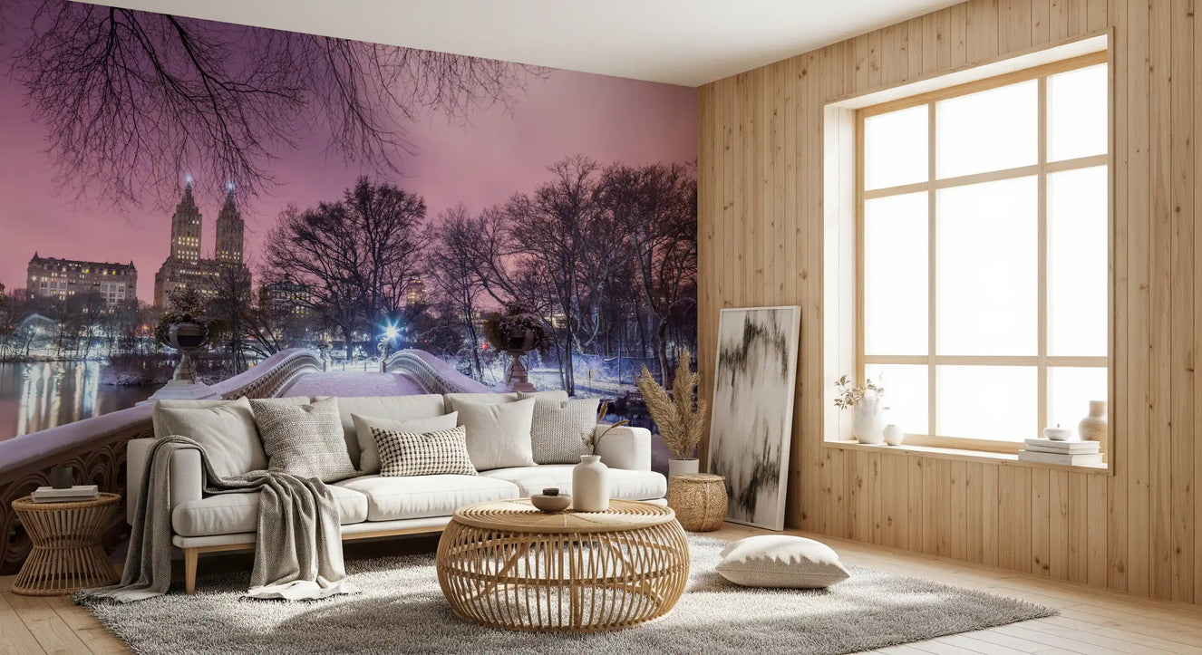 Bow Bridge Winter: Central Park's Pink Dusk Wall Mural