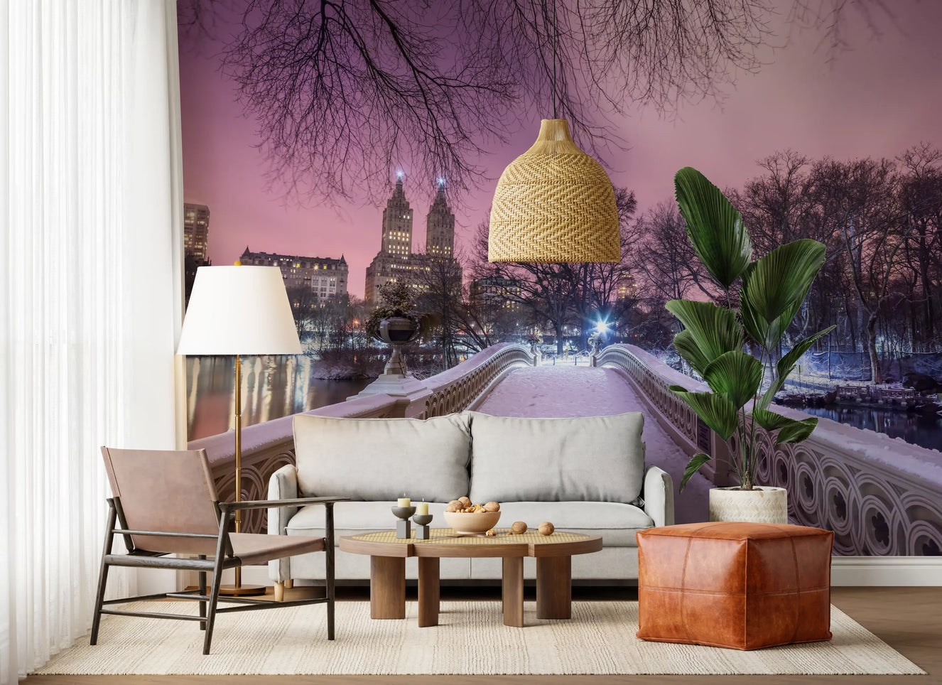 Bow Bridge Winter: Central Park's Pink Dusk Wall Mural