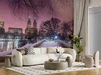 Snowy railings lead toward the skyline on this winter wall mural