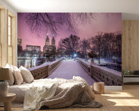 Bedroom set against snowy towers in this Central Park wall mural