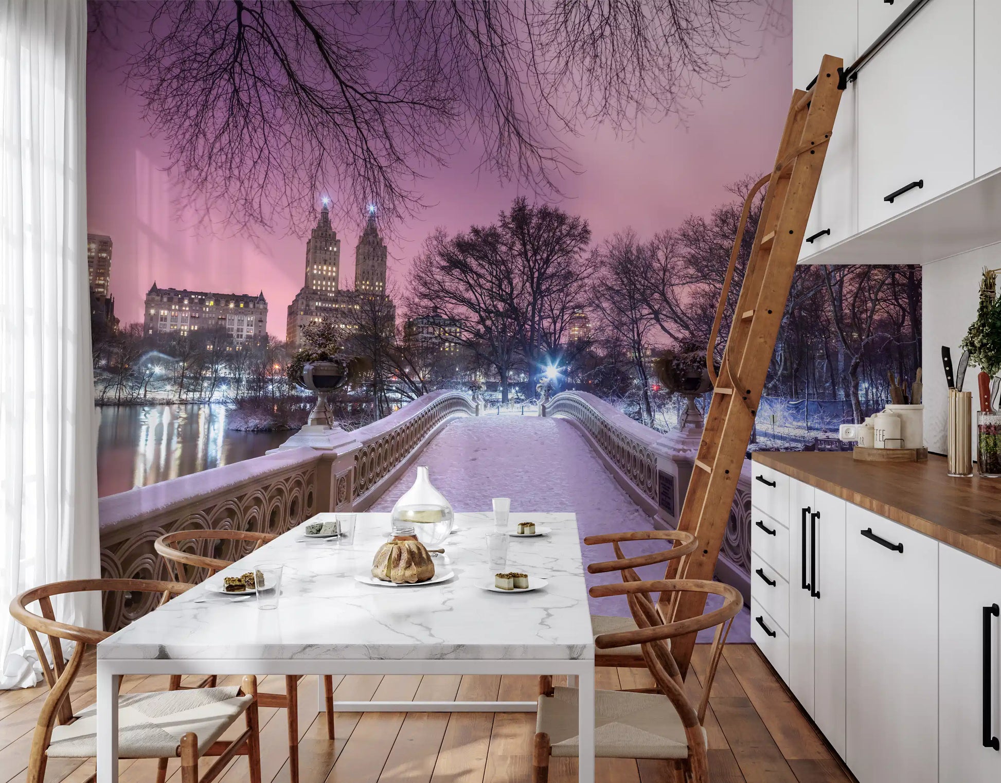 Pink dusk glows behind lit towers in this Bow Bridge Winter wall mural