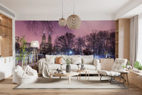 Lounge corner where the Bow Bridge Winter wall mural fills the view