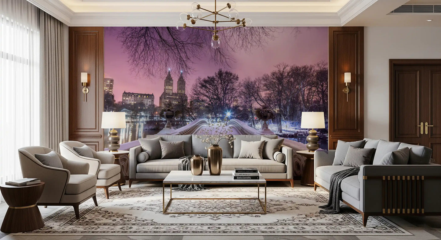 Living room  lit by the violet Bow Bridge Winter wall mural