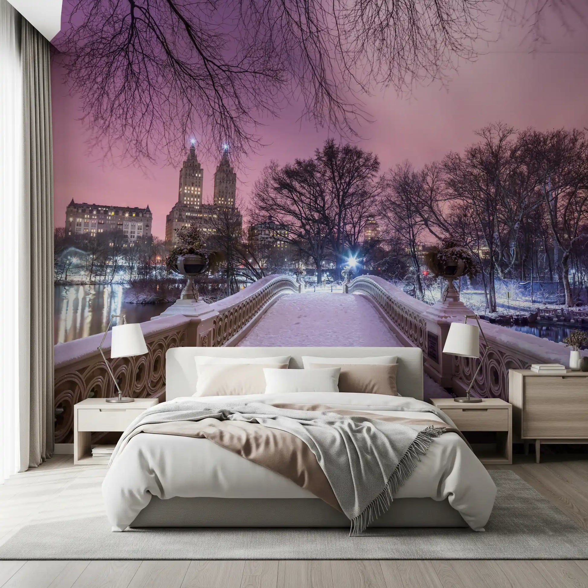 Bow Bridge Winter wall mural showing snow over a curved park crossing