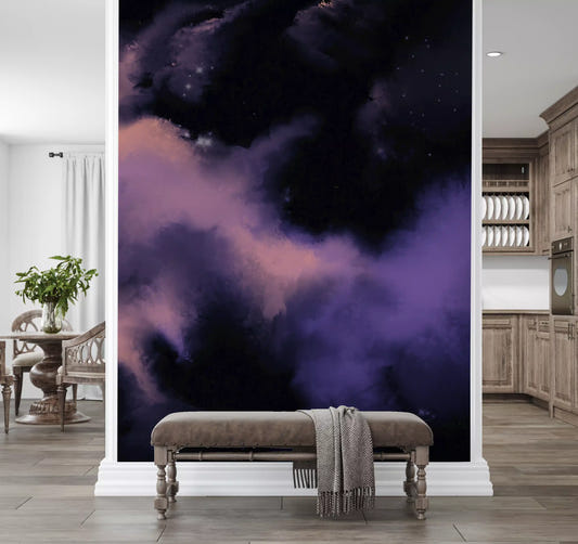 Hallway area glowing under the Nebula Galaxy cosmos wall mural