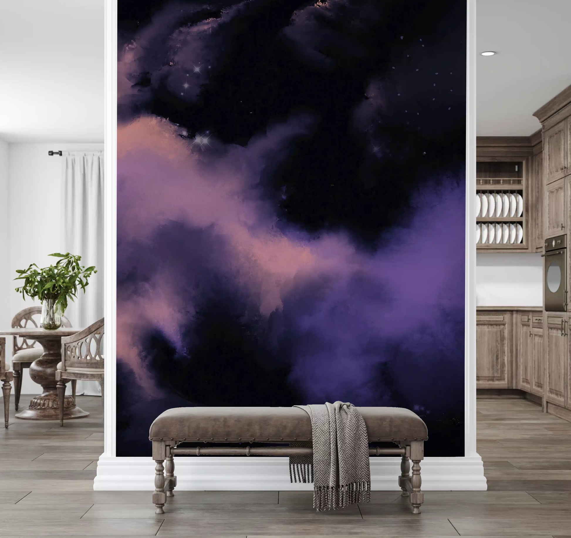 Hallway area glowing under the Nebula Galaxy cosmos wall mural