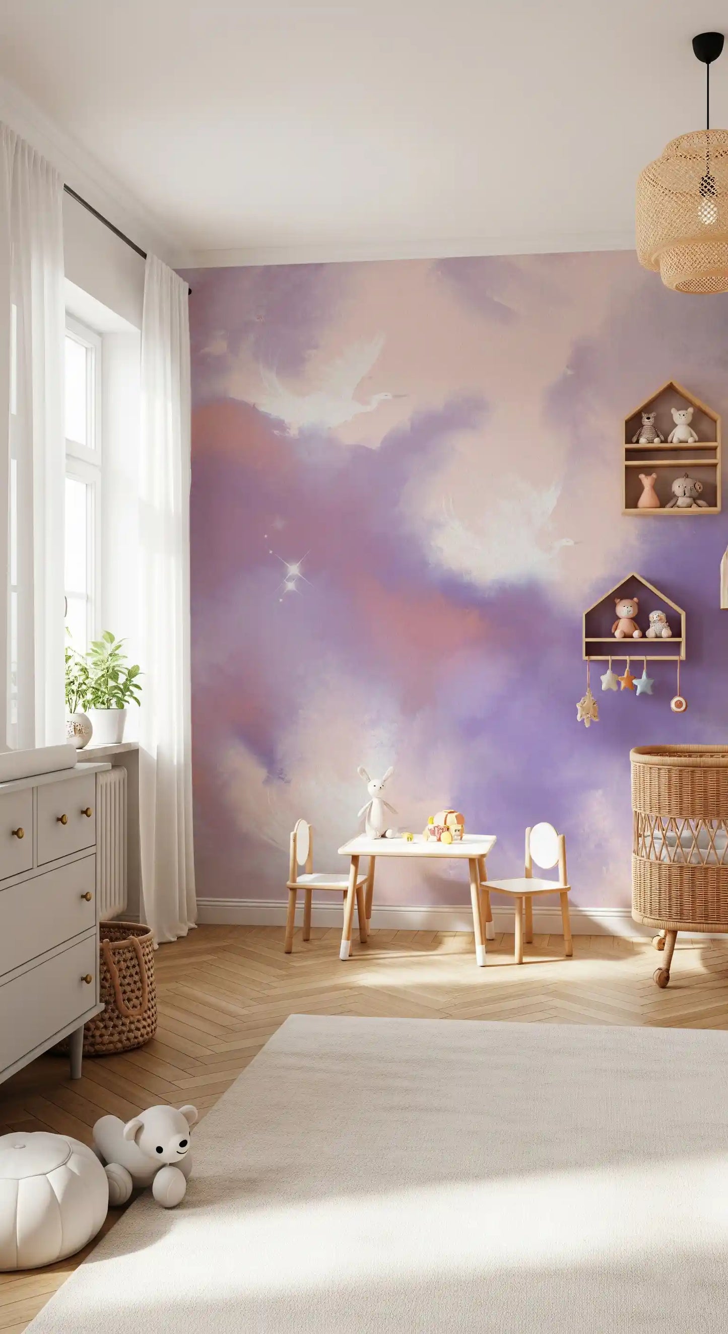 Ethereal Lavender Pink Sky Flight Birds  Wall Mural