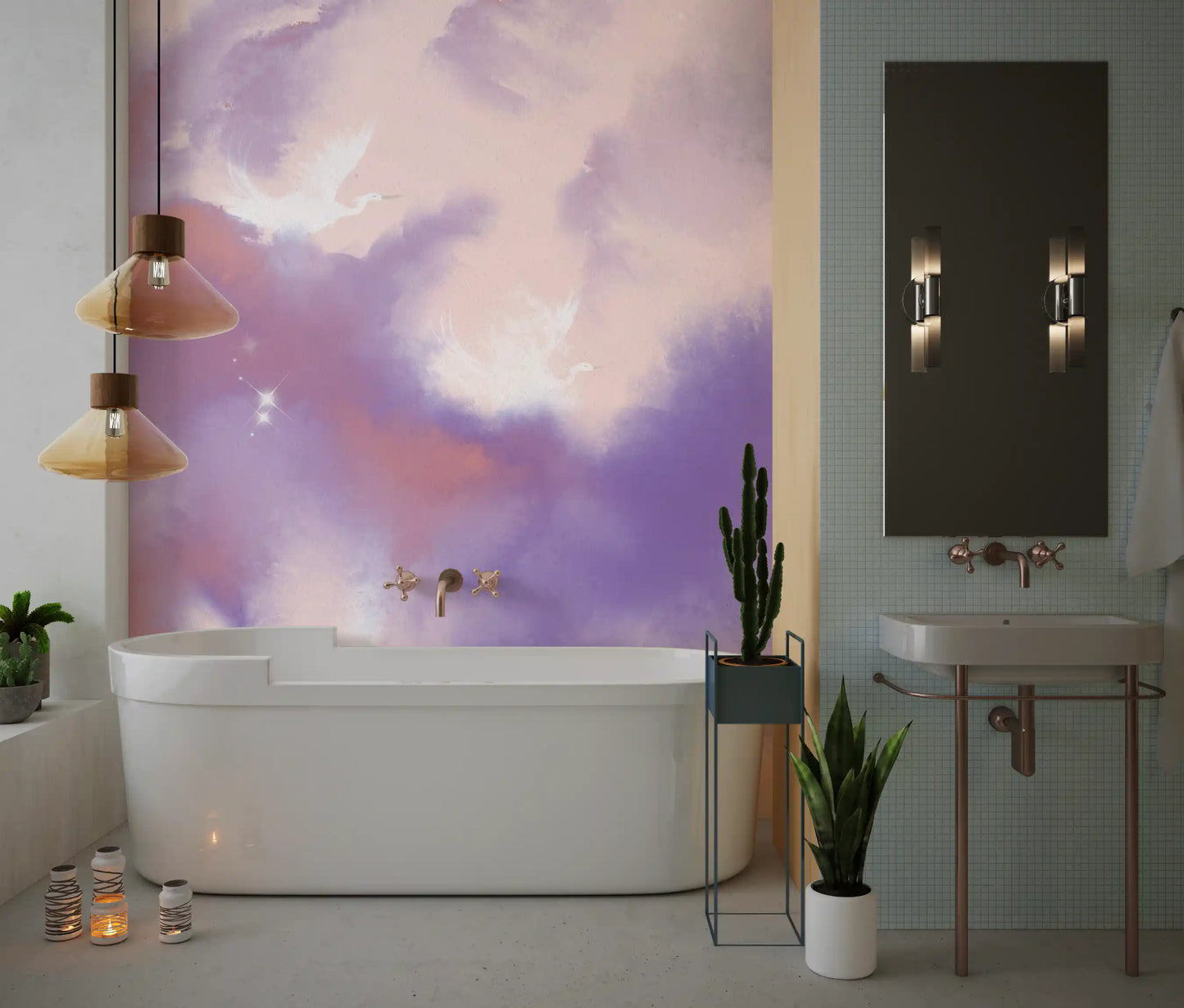 Ethereal Lavender Pink Sky Flight Birds  Wall Mural