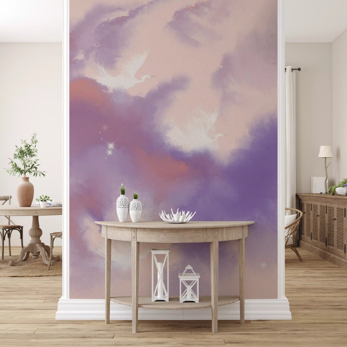 Ethereal Lavender Pink Sky Flight Birds  Wall Mural