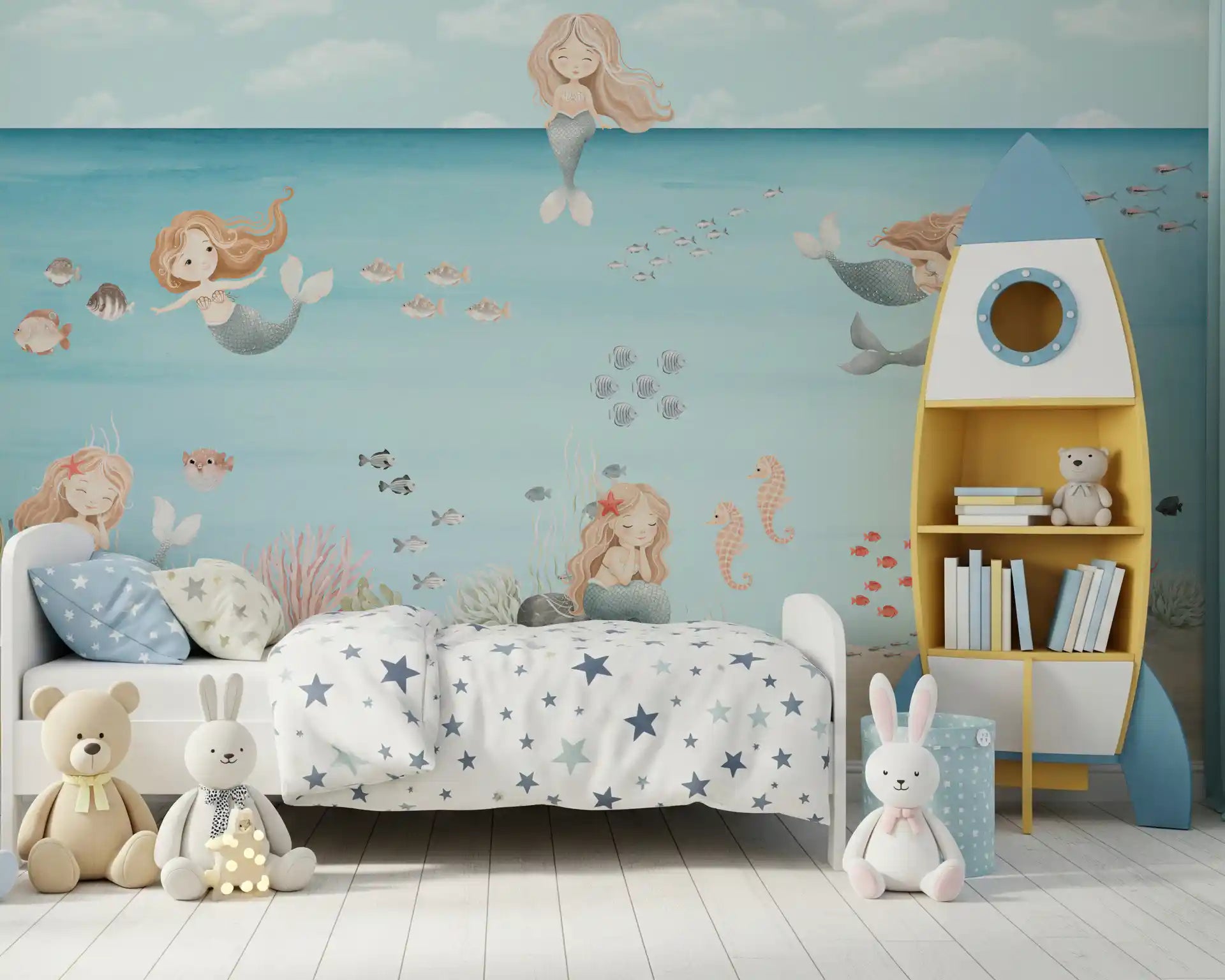 A child's Bedroom corner opens onto the Mermaid Lagoon Dreams wall mural