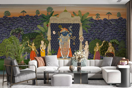 Living room corner where the Pichwai Serenity wall mural meets a glass partition