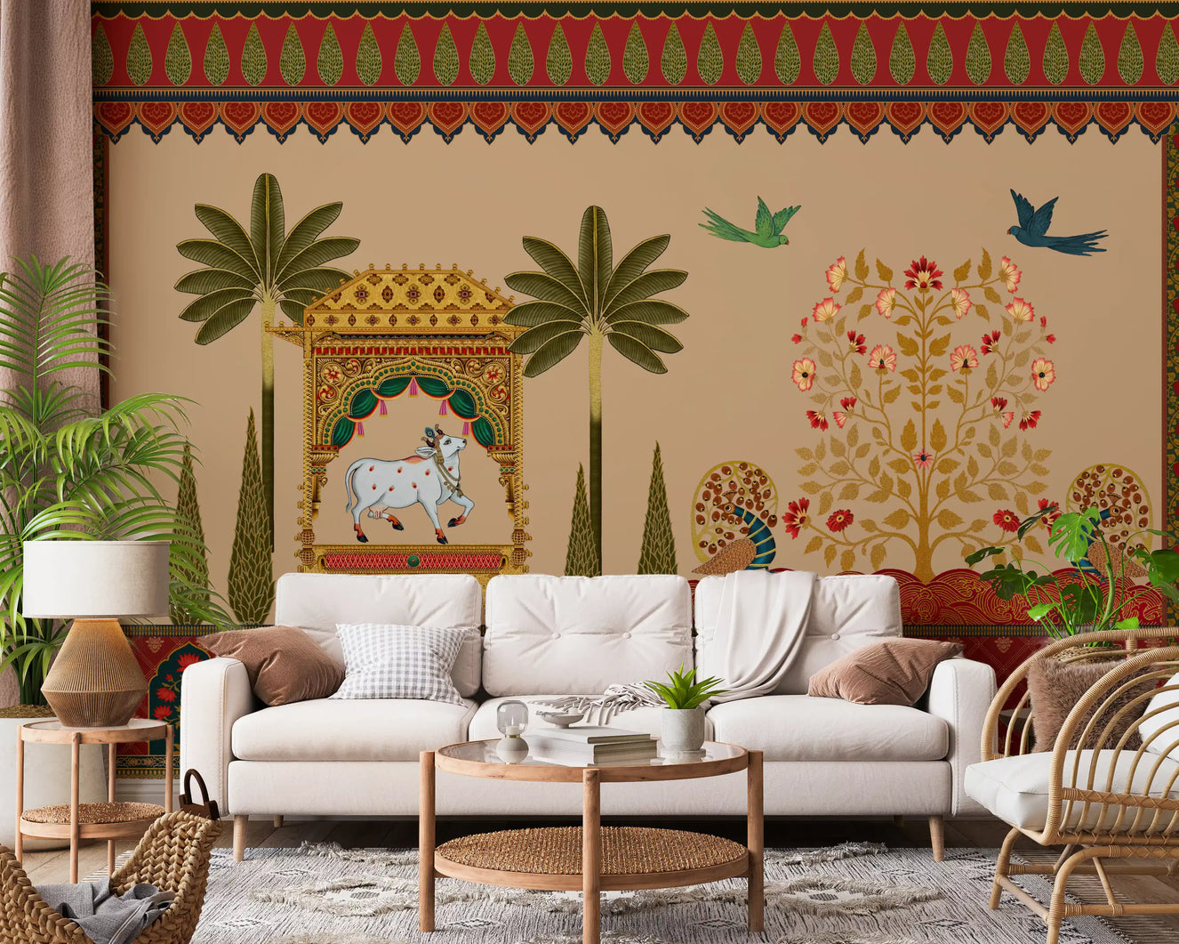 Sacred cow and palms fill the Living room wall mural in this seating area