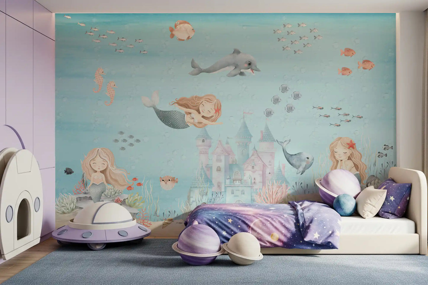 Three mermaids and a dolphin float through the aqua wall mural scene