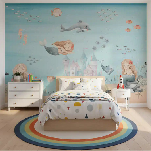 Kids' room with the Deep Sea Mermaid Haven wall mural behind a low white