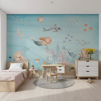 Deep Sea Mermaid Haven wall mural showing mermaids near a coral castle