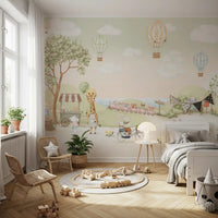 Pale balloons and a giraffe spread along Kids  bedroom Whimsical Animal wall mural