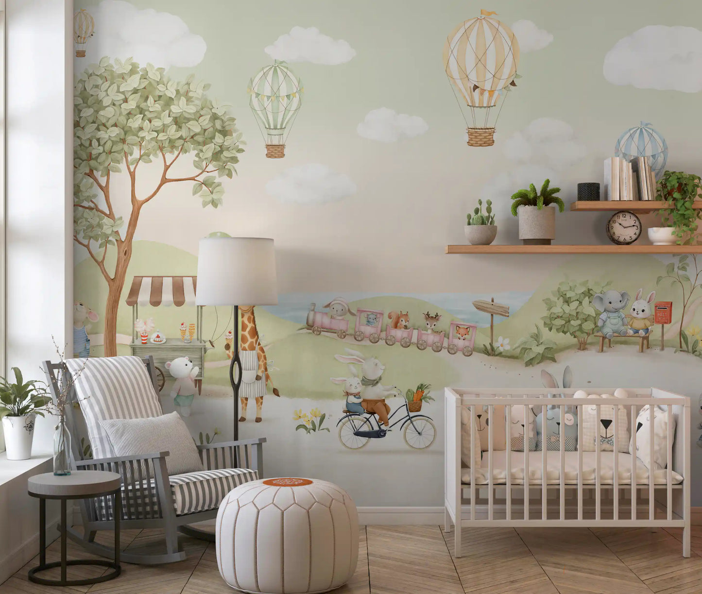 A cosy Nursery area where the Whimsical Animal Adventure wall mural fills the space