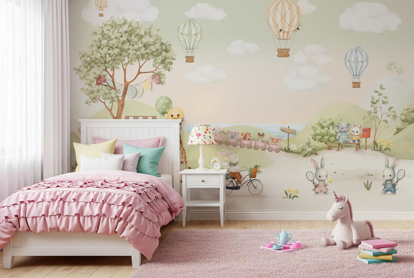 Hot air Girl bedroom dressed with the Animal Adventure wall mural