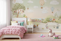 Hot air Girl bedroom dressed with the Animal Adventure wall mural