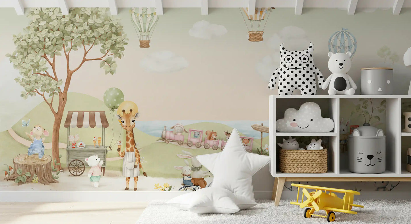 Whimsical Animal Adventure wall mural with a giraffe holding a green balloon
