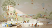 Floating balloons fill the peach sky of the Whimsical Animal wall mural