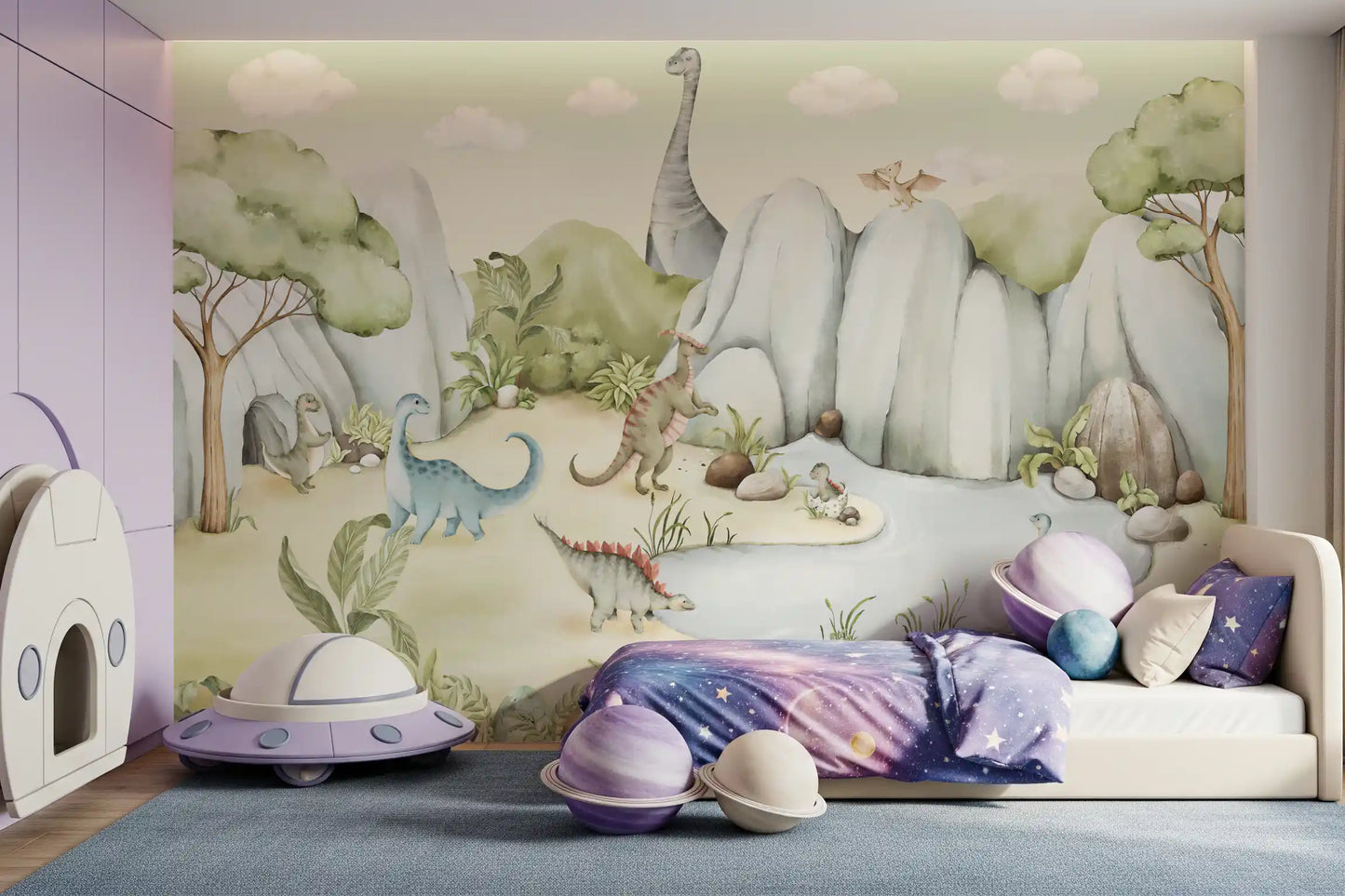 Watercolor Dino World Wall Mural
