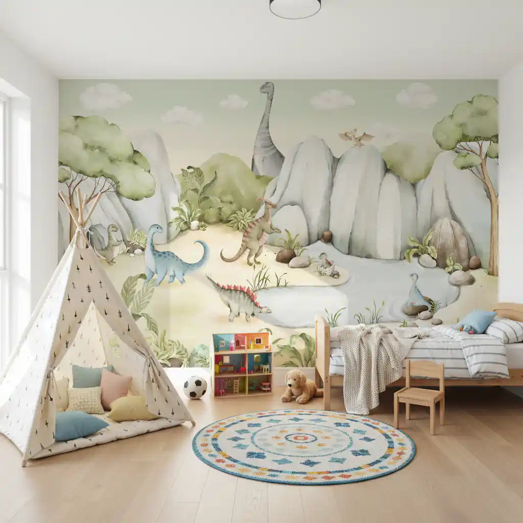 Watercolor Dino World Wall Mural