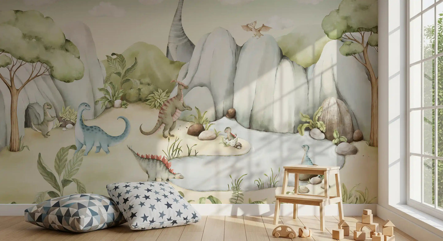 Watercolor Dino World Wall Mural