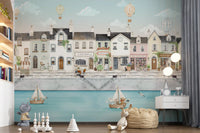 Quaint Canal Town wall mural setting a calm scene in a styled Nursery area 