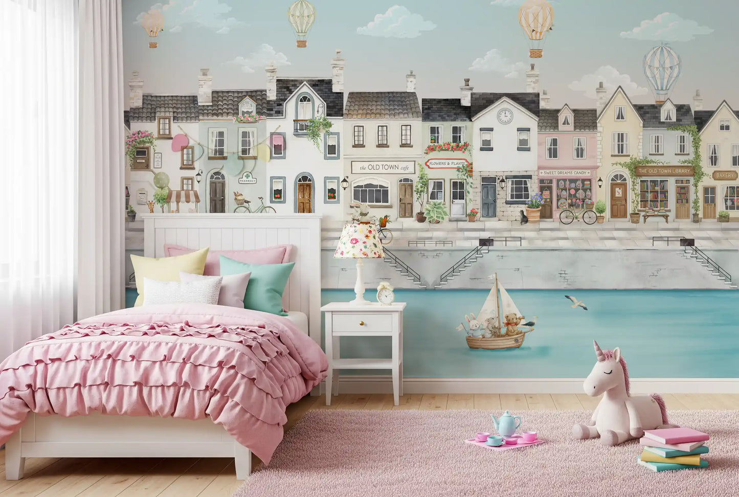 Pastel and boats run along a Kids bedroom feature with this wall mural