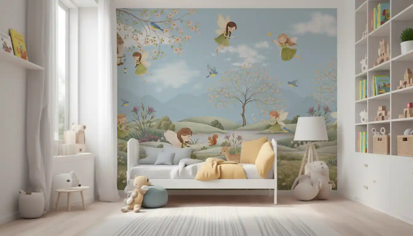 Kids bedroom shelving sits in front of a meadow-themed Fairy Dreams wall mural