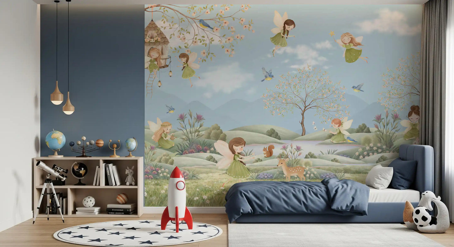 Rolling green hills carry the full meadow of the Fairy Meadow wall mural