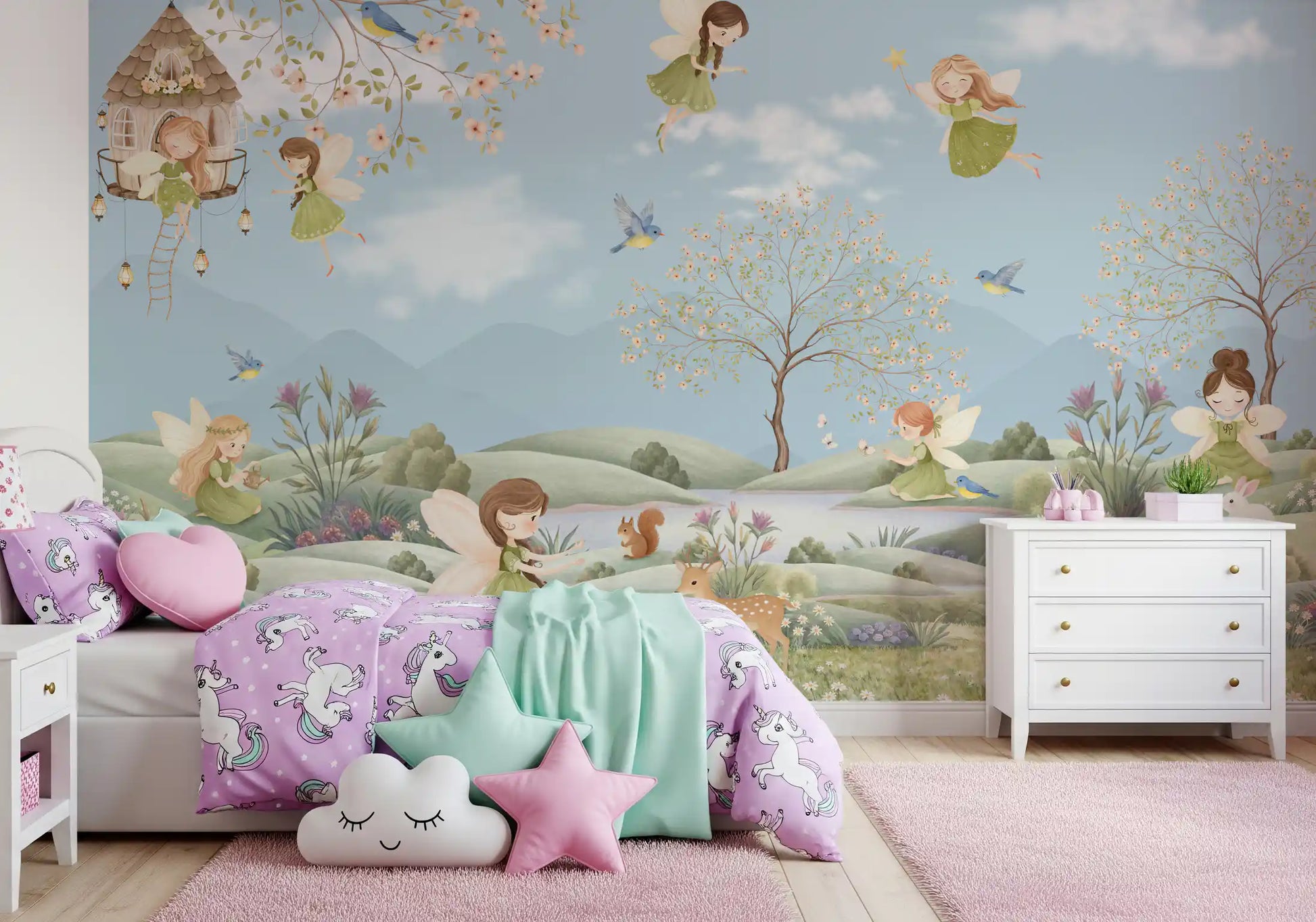 Girls' room feature with fairies and hills from the Fairy Meadow wall mural