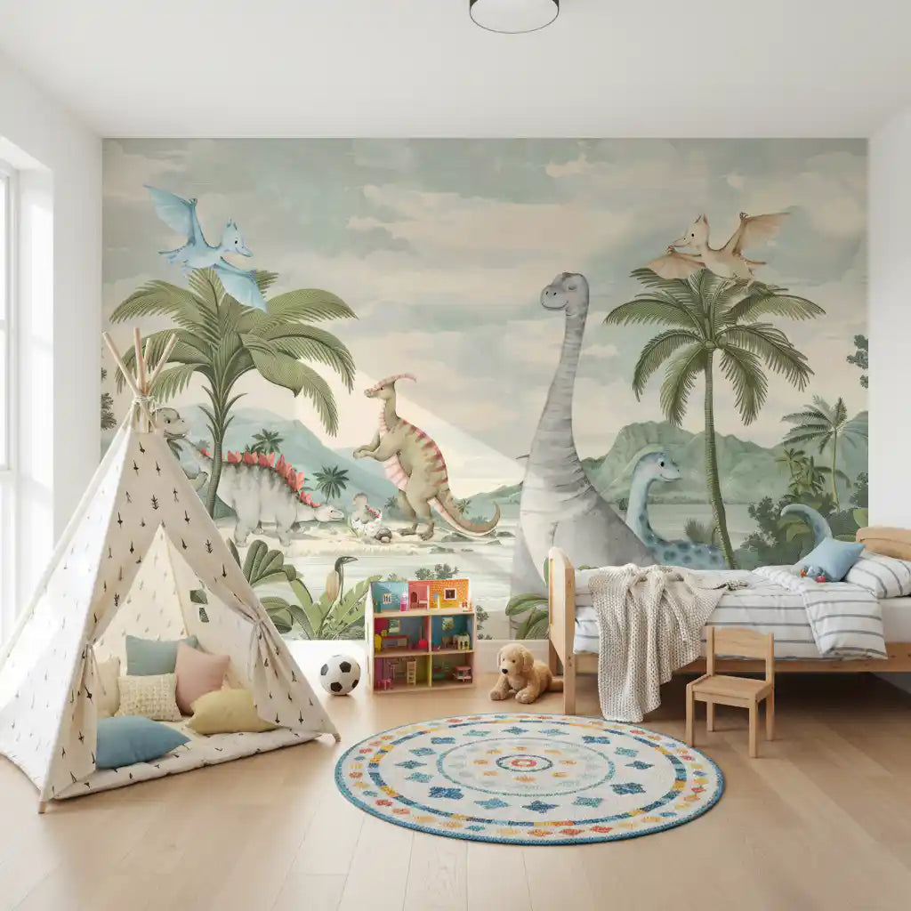 Whimsical Dino World Wall Mural