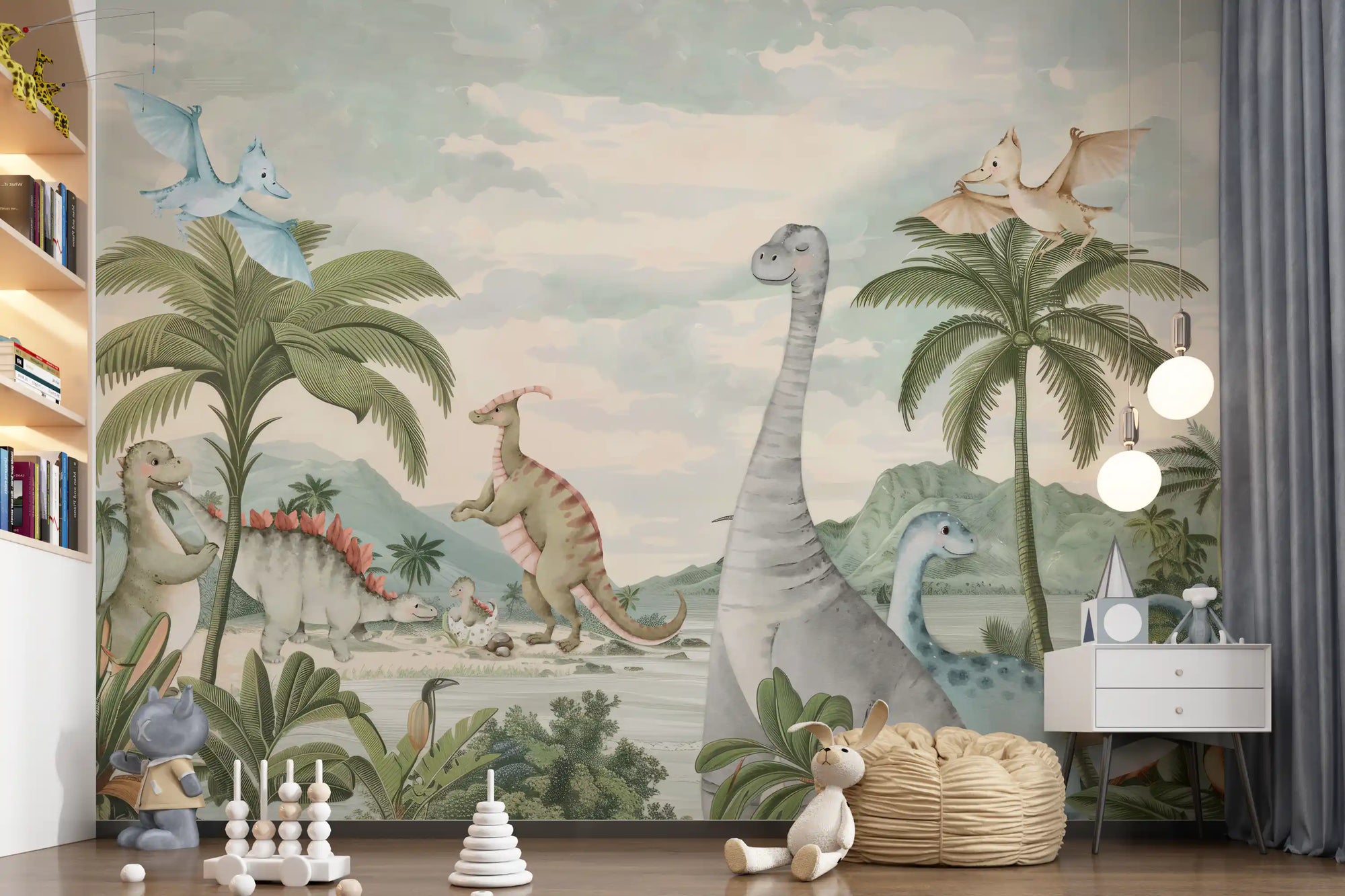 Kids' room styled with the Whimsical Dino  wall mural behind a small play nook