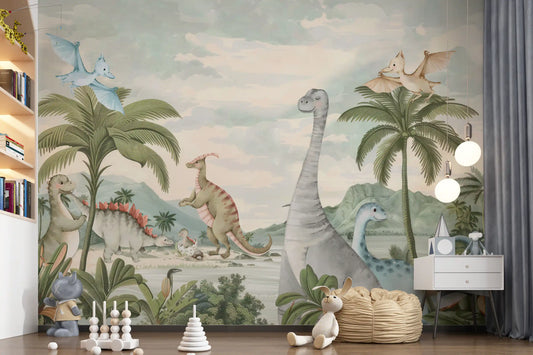 Kids' room styled with the Whimsical Dino  wall mural behind a small play nook