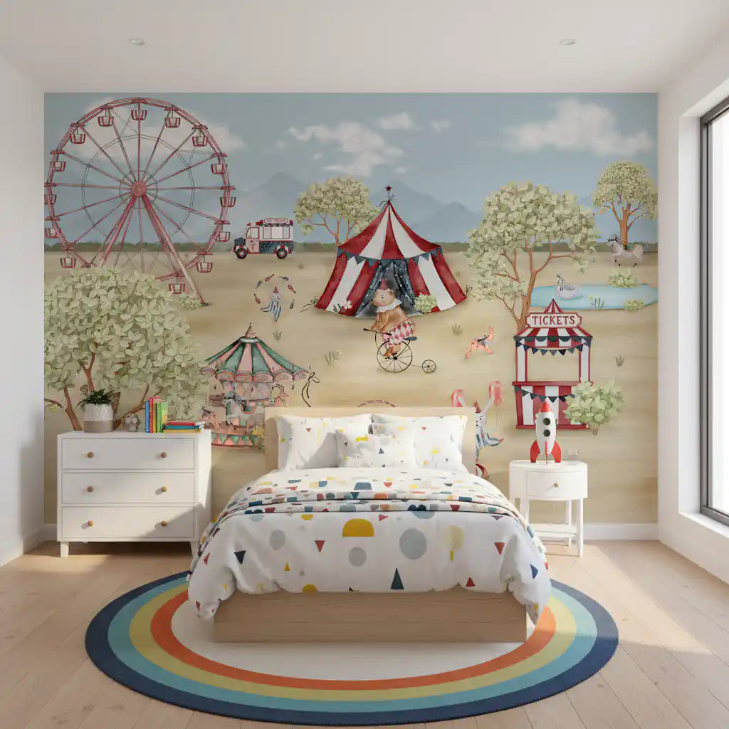 A carousel spins beside the ticket booth on this Carnival Day wall mural