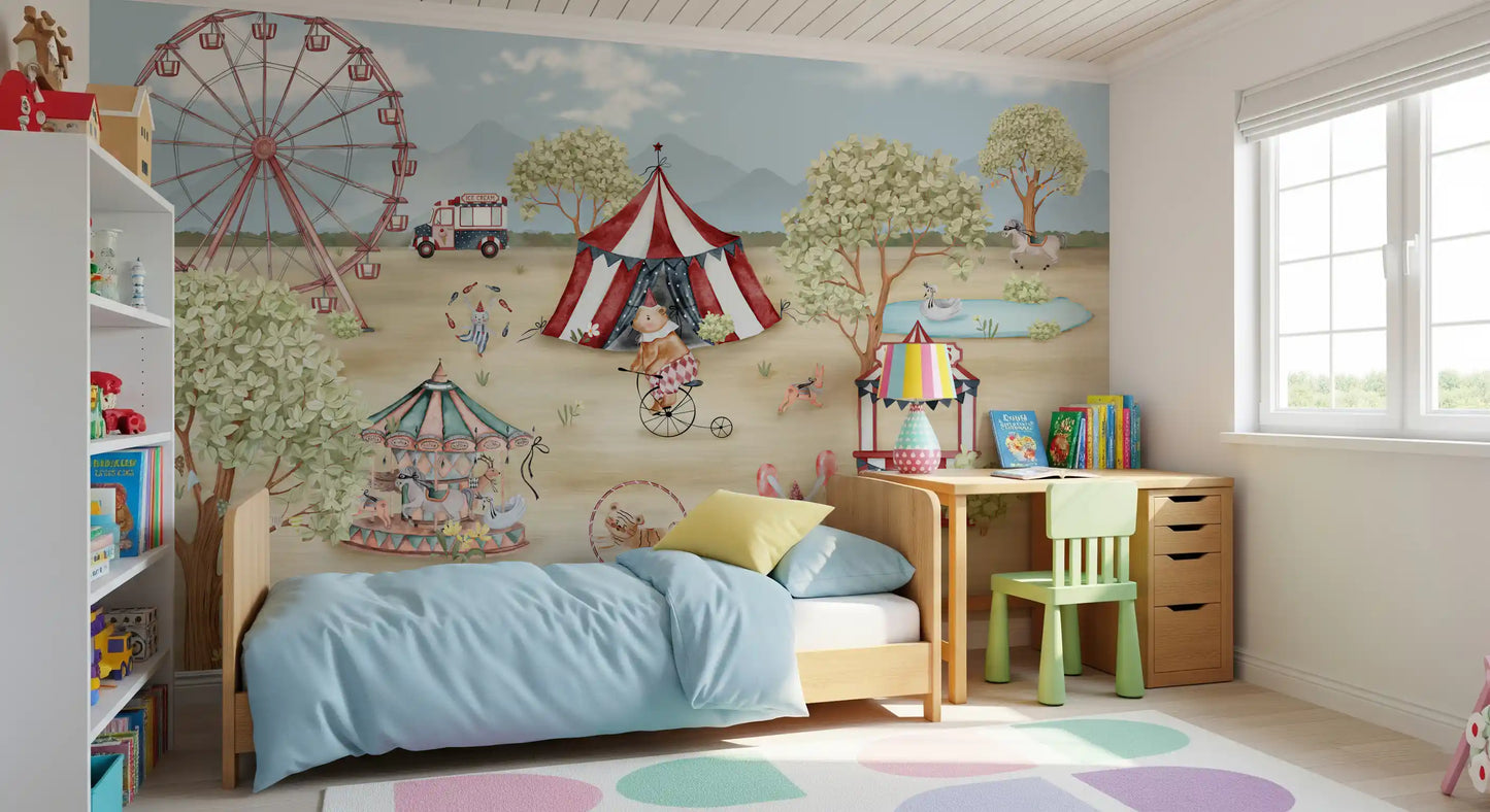 Kids' room styled with the carousel and Ferris wheel of Carnival Day wall mural