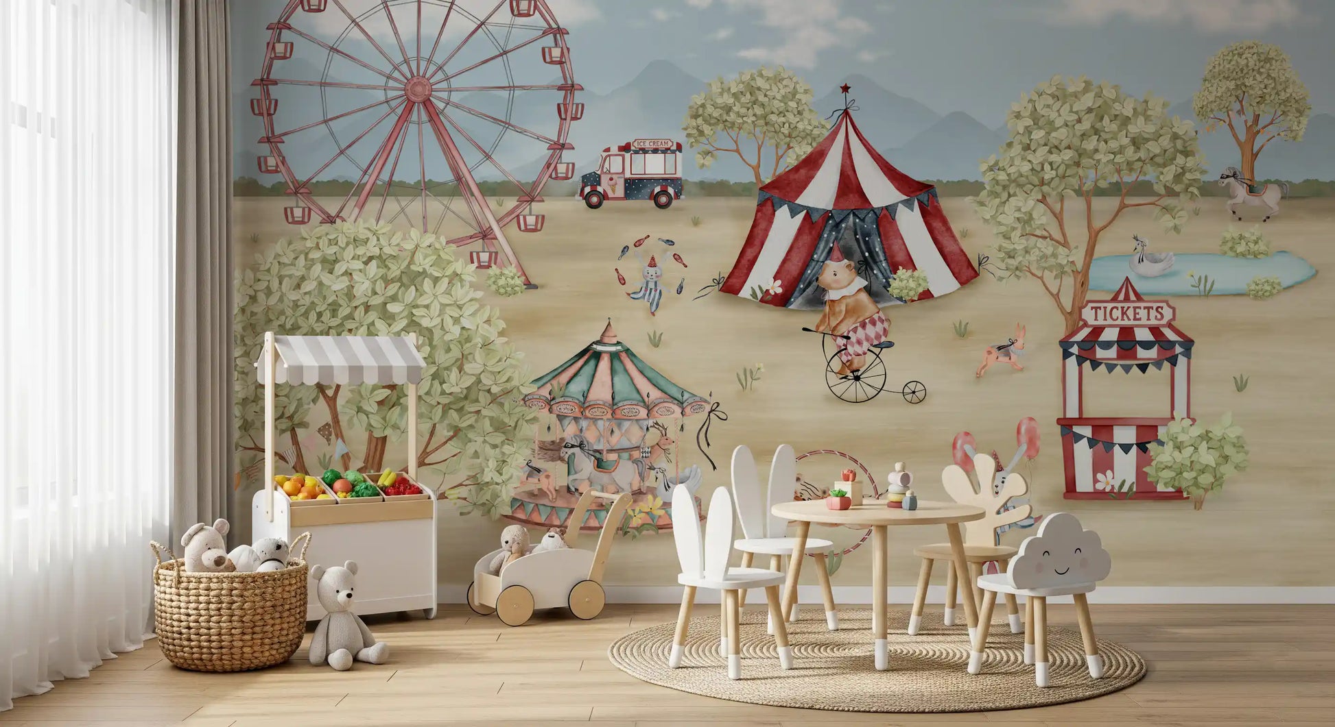 Kids play area pairs carnival figures with the Carnival Day wall mural
