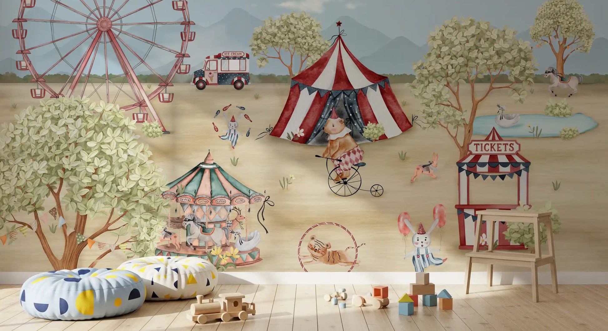 Whimsical Carnival Day wall mural warms a child's room with fairground scenes
