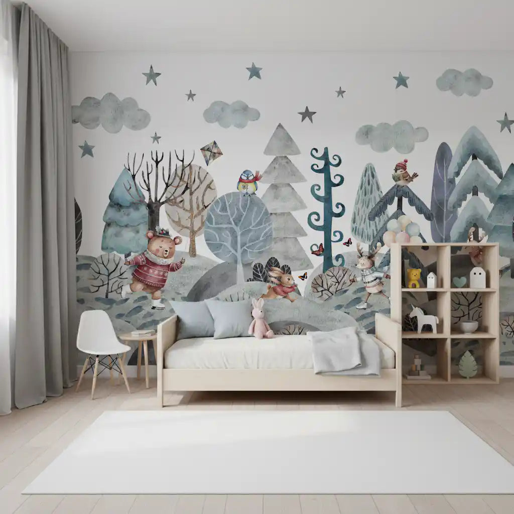 Kids bedroom with the Winter Woodland Friends wall mural 