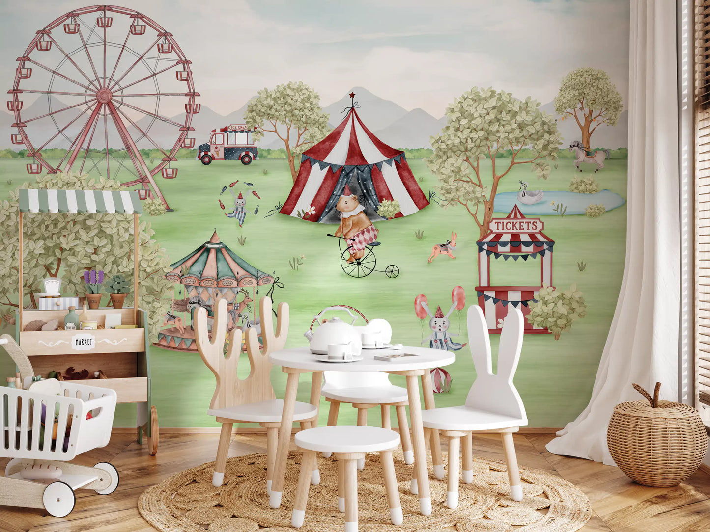 Toddler room finished with the carousel and Ferris wheel wall mural